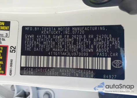 2020 Toyota Camry Se из США, поврежденный, VIN 4T1G11AK3LU979099